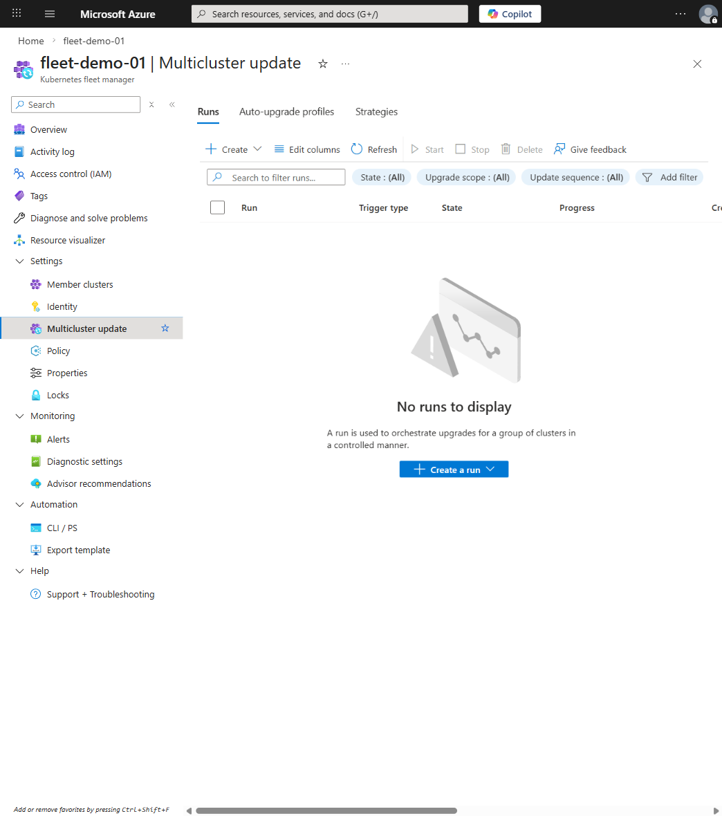 Fleet Manager multicluster update runs blade