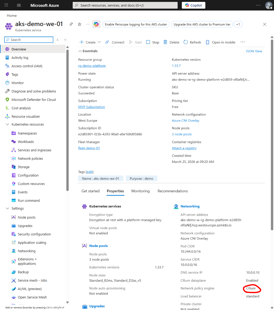 AKS cluster overview showing OIDC issuer, Cilium dataplane, and workload identity