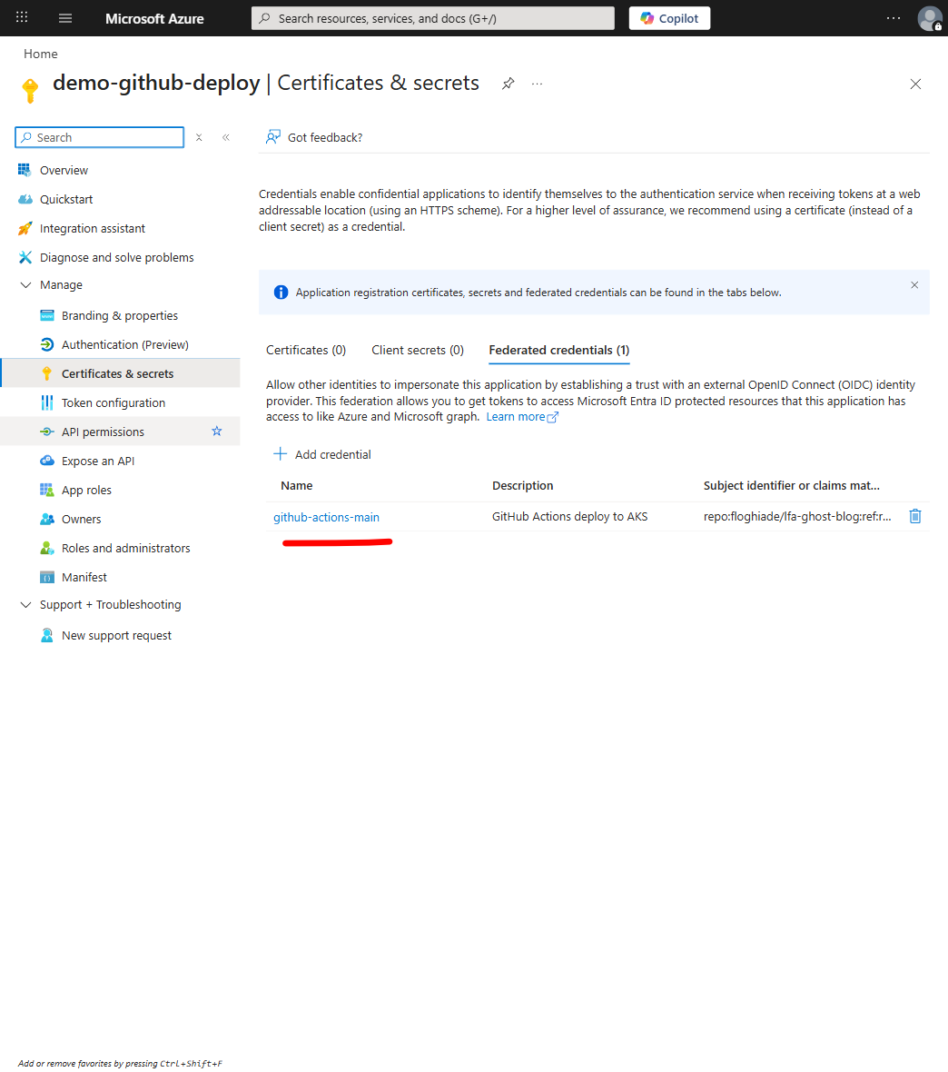 Entra ID federated credential configured for GitHub Actions OIDC