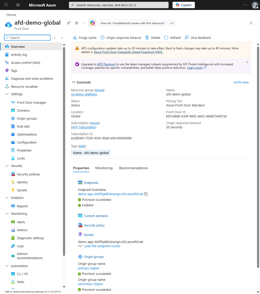 Azure Front Door Standard with endpoint and primary/secondary origin groups