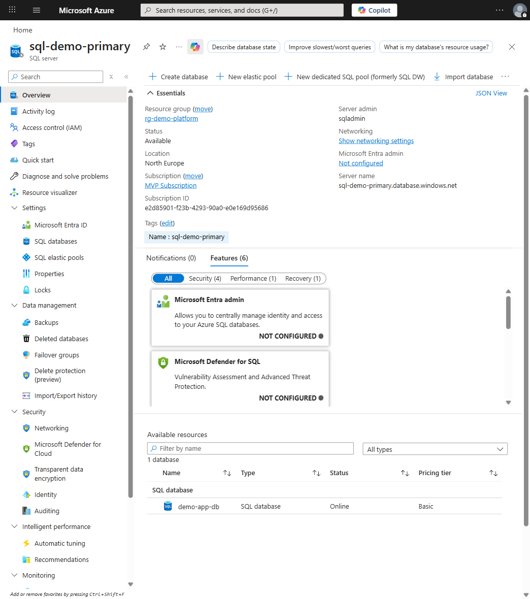 SQL Server with failover group configured and demo-app-db database