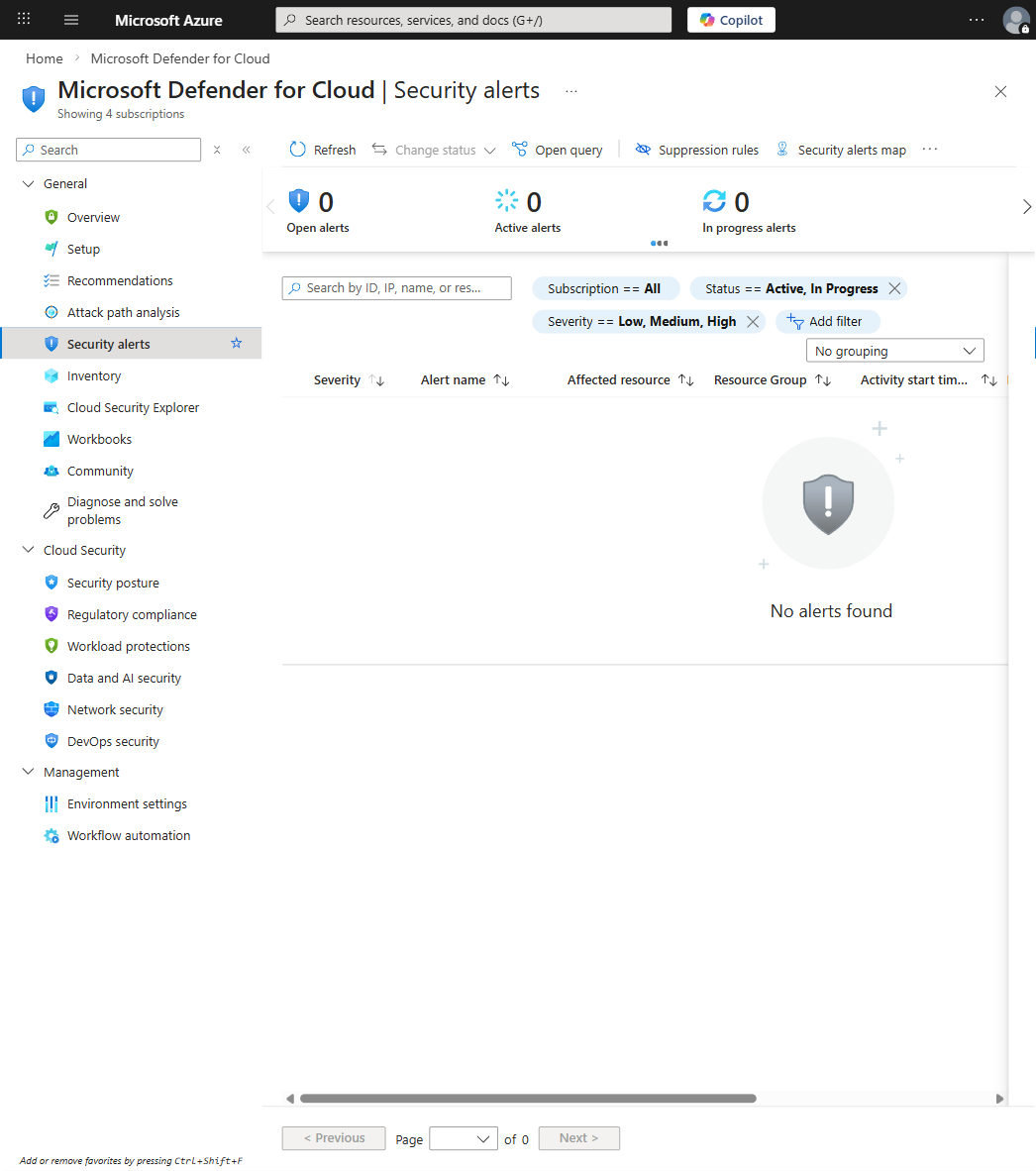 Defender for Cloud security alerts blade with filtering by severity and status
