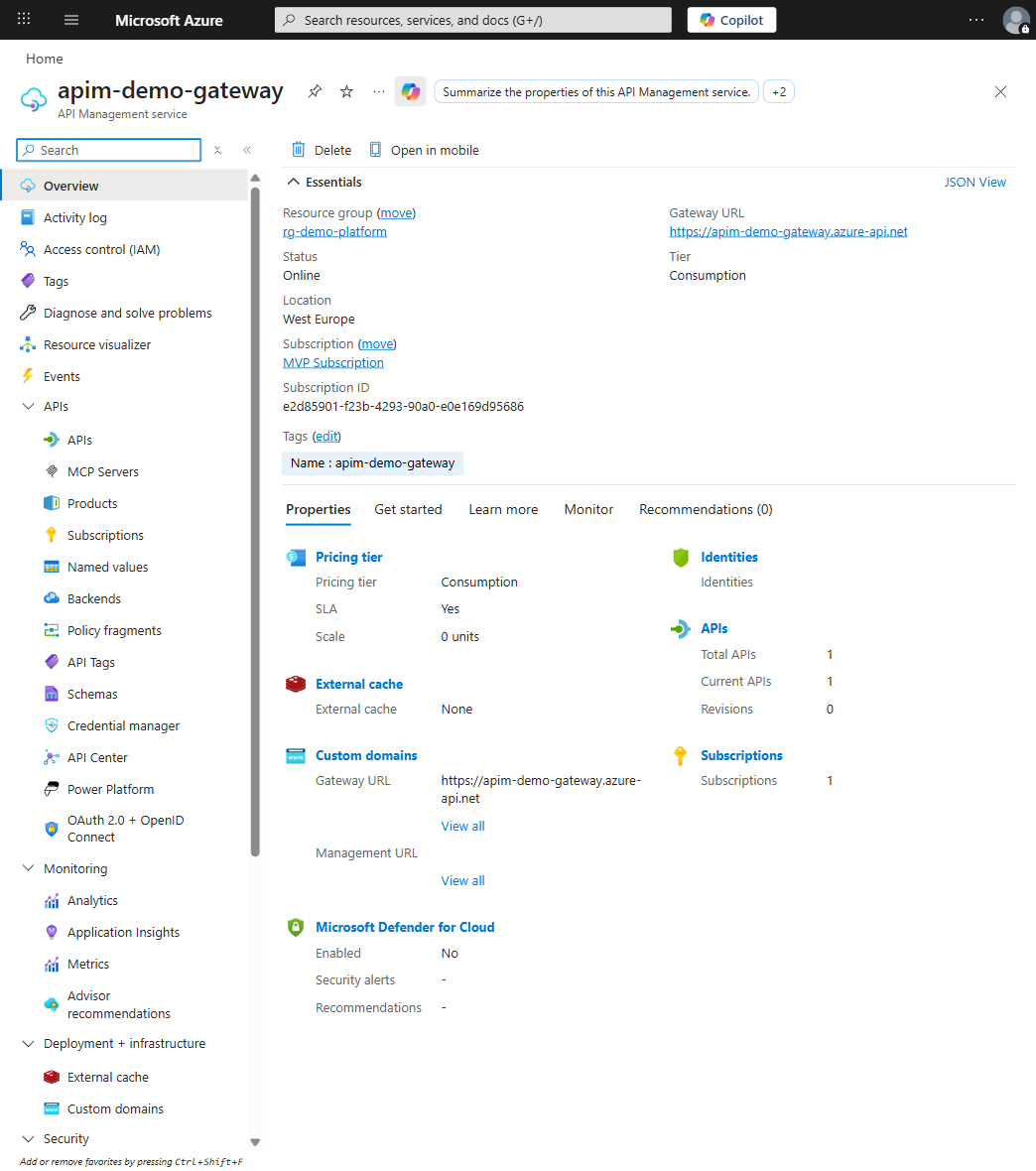 API Management Consumption tier overview with gateway URL and API configuration